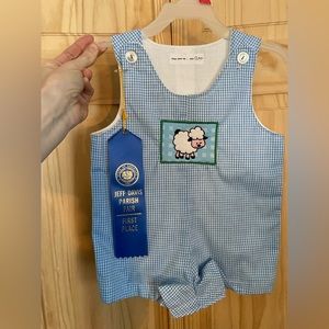 NWOT handmade boys 12 months blue & white gingham overall shorts